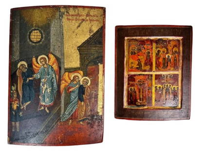 Two 18th C. Painted Christian Orthodox Icons (2pc): Two 18th -19th C. Eastern Orthodox Icons: (1) Limewood panel with egg tempura painting with gilt decorated scene Angels and Saints with caption at top, (1) Limewood panel with egg tempura painted bibl