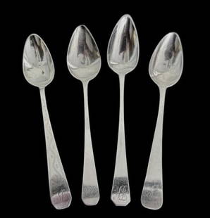 18th C. American Coin Silver Spoons (4pc): Collection of Four 18th C. American Coin Silver Spoons of Varying Makers: (1) Spoon signed "IB", (1) Spoon signed "WH", (1) Spoon signed "EVANS", (1) Spoon signed "RE". Good condition with wear, monog