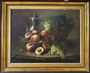 Oil on Canvas Painting, Still Life, Duml: 19th C. Oil on Canvas Still Life, Signed "S Duml". Painting of a table laden with fruit and a silver coffee pot. Good condition, set in period gilt wooden frame, measures: 11.25" H x 19.25" W,