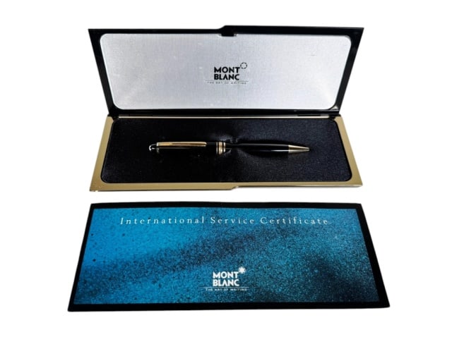 Vintage Rollerball Penn, Mont Blanc Meisterstuck: Vintage Cased Rollerball Pen, Mont Blanc, Meisterstuck. Black enameled body with gold accents. Pen accompanied with pamphlet and hard case, measures: 8.5" L x 3.5" W