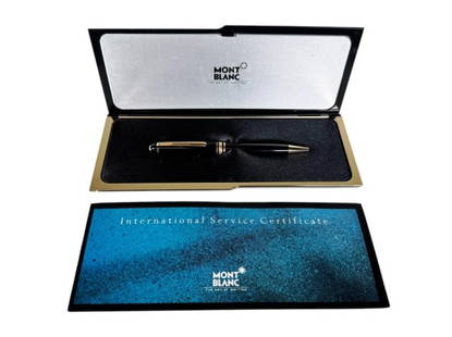 Vintage Rollerball Penn, Mont Blanc Meisterstuck: Vintage Cased Rollerball Pen, Mont Blanc, Meisterstuck. Black enameled body with gold accents. Pen accompanied with pamphlet and hard case, measures: 8.5" L x 3.5" W
