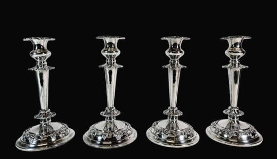 19th C English Sheffield Silver Candlesticks (4pc): Four 19th C. English Sheffield Silver Plate Candlesticks. Heavy silver plate over copper in Charles I style. Good condition with wear, accompanied by retailer card, measure: 10" H