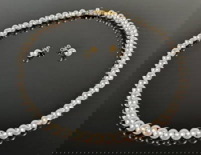 Japanese Pearl Necklace, Earrings, Mikimoto: Japanese Saltwater Cultured Pearl Necklace and Earrings, Mikimoto: (1) Pearl necklace of excellent quality with 18K yellow gold clasp marked "M 750" pearls of 6.85 mm, (1) Pair of pearl earrings