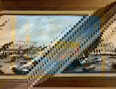 19th C. Italian Grand Tour Painting of Venice: 19th C. Venetian Oil on Canvas Grand Tour Painting. Waterfront scene of Venice with buildings, bridges, ships and gondolas. Good condition, set in gilt wooden frame, measures: 15" H x 18.5" W,