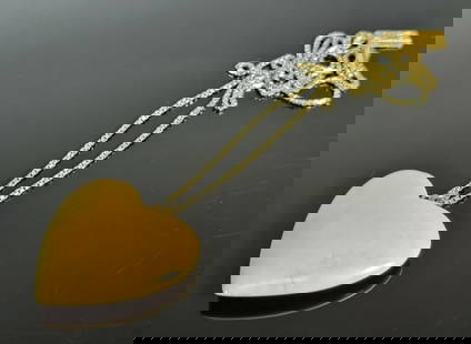 14K Gold Necklace, Heart Pendant: 14K Gold Necklace with Carved Heart Pendant and Diminutive Gold Bar. 14K yellow gold box linked chain with hard pendant and 24K gold bar. Good condition, measures: 24" L, total assembled