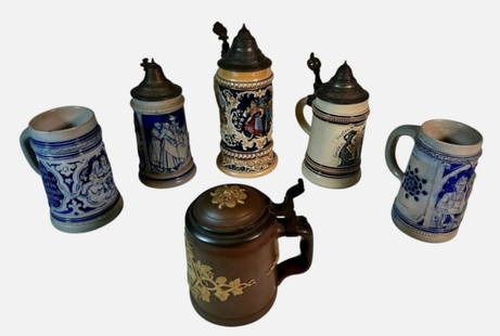 Antique German Ceramic Steins (6pc): Collection of Six Antique German Ceramic Steins: (5) Stoneware steins with diverse form and decoration, (1) Lidded stein, base signed "Villeroy & Boch Mettlach". Good condition with wear, largest meas