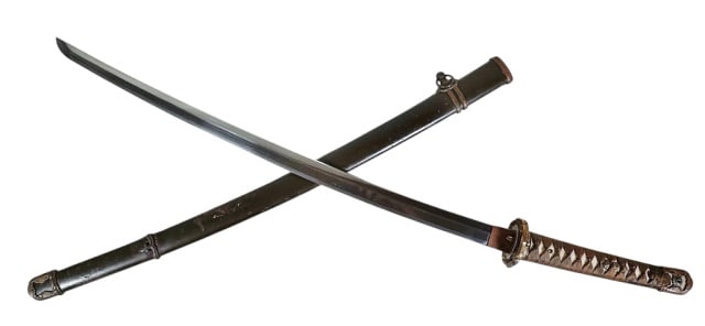 WW2 Japanese Samurai Sword, Double Signed: World War Two Imperial Japanese Officer Samurai Sword. Gunto sword with curved steel blade with straight hamon and double signed tang. Imperial military mounts with wrapped same tsuka. Good condition