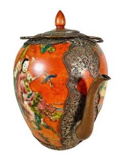 19th C. Chinese Teapot with Silver Overlay: 19th C. Chinese Qing Porcelain Teapot with Silver and Copper Embellishment. Urn form hand painted porcelain body with copper spout and swing handles. Teapot with reticulated foliate silver mask overla
