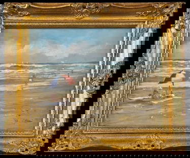 Oil on Board Painting Martha's Vineyard, Ray Ellis: Oil on Board Painting, Signed "Ray G. Ellis" (Ray George Ellis, American, 1921-2013). Painting of a Martha's Vineyard beach scene. Good condition, set in moulded gilt wooden frame, measures: 15.75" H