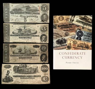 Civil War Confederate Banknotes and Book (4pc): Collection of Four Civil War Confederate States of America Banknotes: (1) 1862 $100 note issued at Richmond with hand written serial number and signatures in ink, (1) 1862 $20 note issued at Richmond