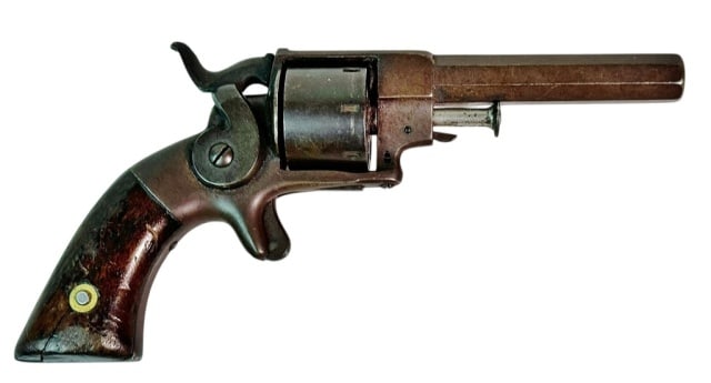 Civil War Allen & Wheelock Side Hammer Revolver: Civil War Era, Allen & Wheelock Side Hammer Revolver. Blued steel frame with octagonal barrel signed "ALLEN 7 WHEELOCK WORCESTER MASS. ALLEN'S PATS. SEPT. 7 NOV 9. 1858", Spur trigger and walnut grips