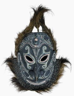 Primitive New Guinea Native Mask: Vintage New Guinea Sepik River Tribal Mask: Mask crafted by one of the tribes living along the Sepik River in Papua New Guinea. Carved wood with hand painted decoration, trimmed with feathers. Measure