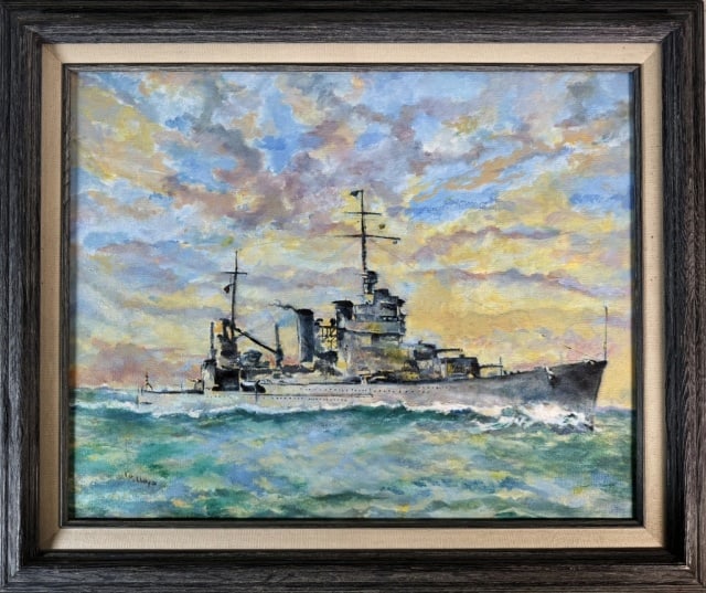 WW2, Oil Painting On Board, USS Vincennes (1 of 2)