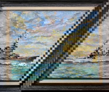 WW2, Oil Painting On Board, USS Vincennes: Oil painting on board of the USS Vincennes. sunk in action off the Solomon Islands on August 9, 1942. Painting signed by artist Earl G. Lloyd, Jr., a Private in the U.S. Marines who served on this shi