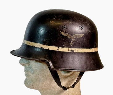 WW2 German Double Decal Luftwaffe Helmet: World War Two German Luftwaffe Fire Helmet. Steel helmet with blue painted exterior bearing National shield and Luftwaffe