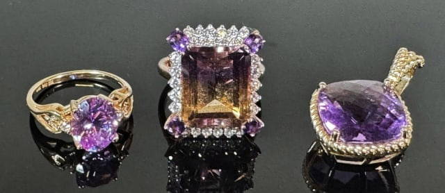 14K Gold Amethyst, Diamond Ring Pendant (3pc): Vintage 14K Gold Amethyst, Diamond Rings and Pendant: (1) Pendant crafted of 14K yellow gold with large checkered cushion cut amethyst, (1) Ring crafted of 14K yellow gold with a large, baguette cut h