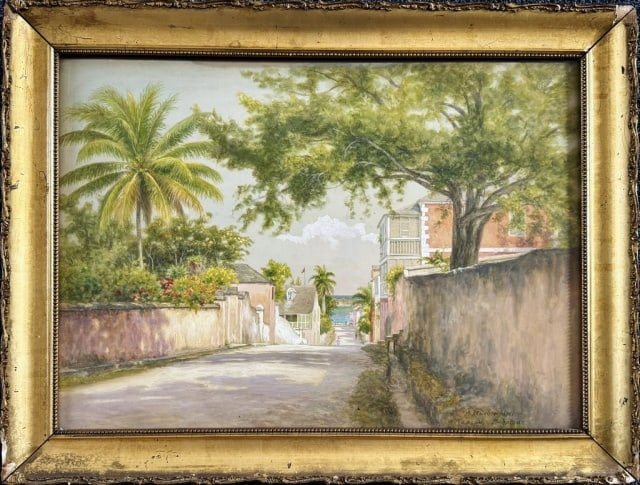 Watercolor on Paper, Nassau, Armin Bechterkirch: Watercolor on Paper Painting, Signed "A. Buchterkirch" (Armin Buchterkirch, American, 1859-1915), Titled "Nassau, Bahamas". Painting of detailed Bahamas street view. Good condition, set into wooden fr
