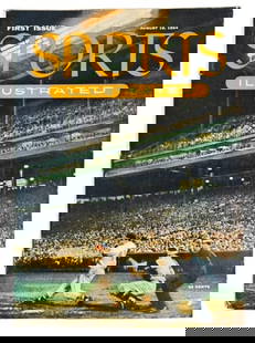 Sports Illustrated Magazine, First Issue, Aug 1954: First Issue of "Sports Illustrated" Magazine, dated August 16, 1954. Quarto, softcover, 144pp. Includes Tri-fold Baseball Card insert of 27 prominent MLB players, including future Hall of Famers Jacki