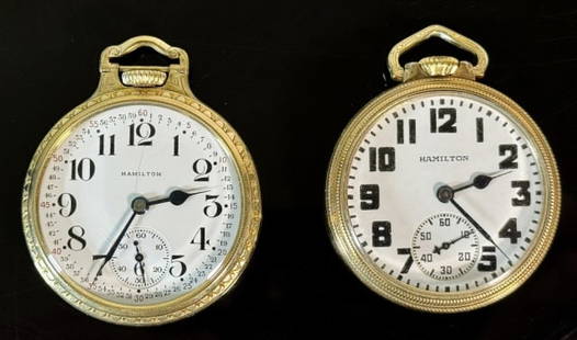 Antique Pocket Watches, 21J, Hamilton (2pc): Two Antique Pocket Watches, 21J, Signed "HAMILTON": (1) 1926 Model 2, grade 992, 21 Jewel nickeled movement, top wind, open face gold filled case with screwback, 16s, engraved with image,(1) 1944