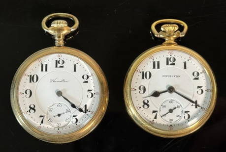Antique Pocket Watches, 21J, Hamilton (2pc): Two Antique Pocket Watches, 21J, Signed "Hamilton": (1) 1928 Model 2, grade 992, 21 Jewel nickeled movement, top wind, open face gold filled case with screwback, 16s, engraved with image,(1)