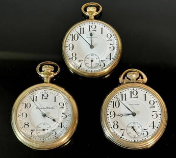 Antique Pocket Watches 19J, Waltham, Hampden (3pc): Three Antique Pocket Watches, 19J, Signed "WALTHAM" ,"Hampden Watch Co":(1) 1919 Waltham Model 1908, grade Riverside, 19 Jewel movement, top wind, open face gold filled case with screwback,