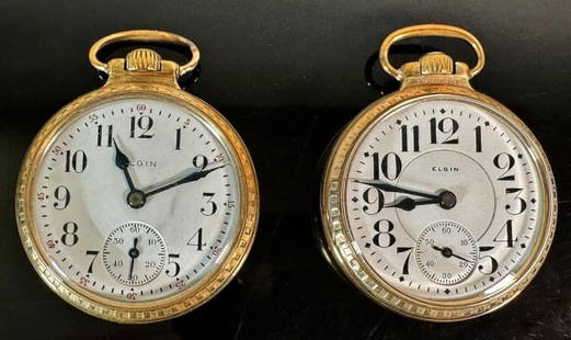 Antique Pocket Watches, 21J, Elgin (2pc): Two Antique Pocket Watches, 21J, Signed "ELGIN":(1) 1924 Model 15, grade 478, 21 Jewel nickeled movement, top wind, open face gold filled case with screwback, 16s,(1) 1925 Model 15, grade 478, 21