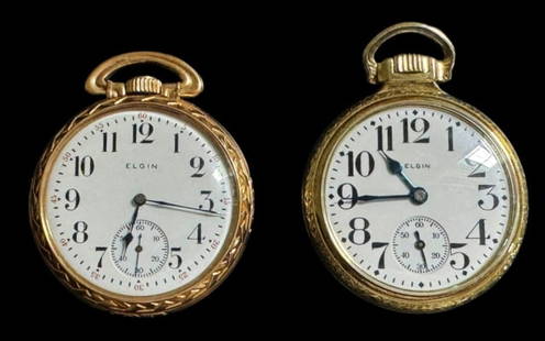 Antique Pocket Watches, 19J, Elgin (2pc): Two Antique Pocket Watches, 19J, Signed "ELGIN":(1) 1921 Model 15, grade 455, 19 Jewel nickeled movement, top wind, open face gold filled case with screwback, 16s,(1) 1914 Model 15, grade 372,