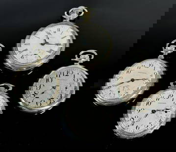 Antique Pocket Watches, 17J Waltham (4pc): Four Antique Pocket Watches, 17J, Signed "Waltham":(1) 1915 Model 8, grade No. 625, 17 Jewel nickeled movement, top wind, open face silveroid case with screwback, 16s,(1) 1908 Model 1908, grade