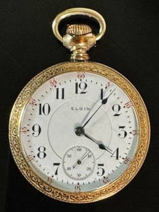 Antique 14K Gold Pocket Watch, 19J, Elgin: Antique 14K Gold Pocket Watch, 19J, Signed "ELGIN": 1910 Model 8, grade 240, 19 Jewel nickeled movement, top wind, open face 14K gold case with screwback, 18s, engraved with flowers and shield. Watch