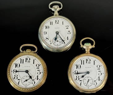 Antique Pocket Watches, 19J, Elgin (3pc): Three Antique Pocket Watches, 19J, Signed "Elgin": (1) 1918 Model 15 B.W. Raymond, grade 455, 19 Jewel nickeled movement, top wind, open face gold filled case with screwback, 16s, engraved