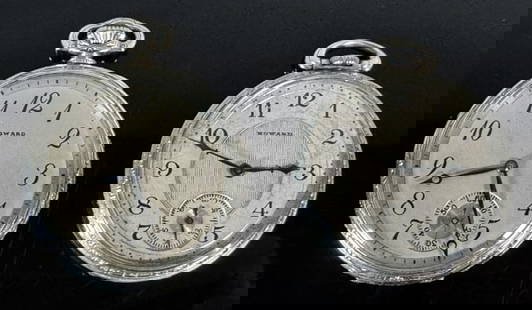 Antique Pocket Watches, 17J, E. Howard (2pc)*: Two Antique Pocket Watches, 17J, Signed "HOWARD":(1) 1928 Model 1921, grade Series 12, 17 Jewel nickeled movement, top wind, open face silveroid case, 10s, engraved "S",(1) 1922 Model 1912, grade