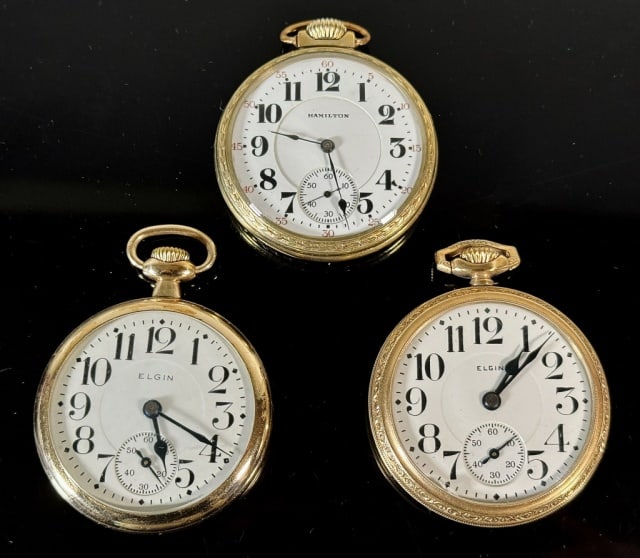 Antique Pocket Watches, 17J, Elgin, Hamilton (3pc) (1 of 8)