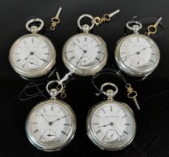 Antique Pocket Watches, Waltham, Elgin (5pc): Five Antique Pocket Watches, 7-11J, Signed "Elgin", "Waltham":(1) 1882 Waltham Model 1877, grade P.S. Bartlett, 11 Jewel gilt movement, key wind, open face silveroid case, 18s,(1) 1869 Waltham Model 1