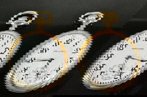 Antique Pocket Watches, 19J -21J, Hamilton (2pc): Two Antique Pocket Watches, 19J and 21J, Signed "Hamilton": (1) 1915 Model 2, grade 992, 21 Jewel nickeled movement, top wind, open face gold filled case with screwback, 16s, engraved "Louis Pius", (1