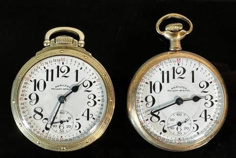 Pocket Watches, 21J Hamilton Railway Special (2pc): Two Antique Pocket Watches, 21J, Signed "Hamilton Railway Special": (1) 1948 Model 5, grade 992b, 21 Jewel nickeled movement, top wind, open face gold filled case with screwback, 16s, (1) 1918 Model 2