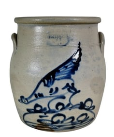 19th C Stoneware Crock Pecking Chicken Fort Edward