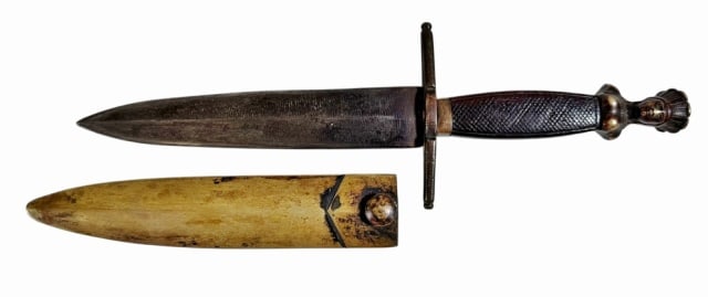 Civil War File Bladed Side Knife: Civil War File Bladed Side Knife, Likely Confederate. Spear point blade crafted from a steel file with center spine. Hilt with brass cross guard, checkered wooden grip and stylized Indian head pommel