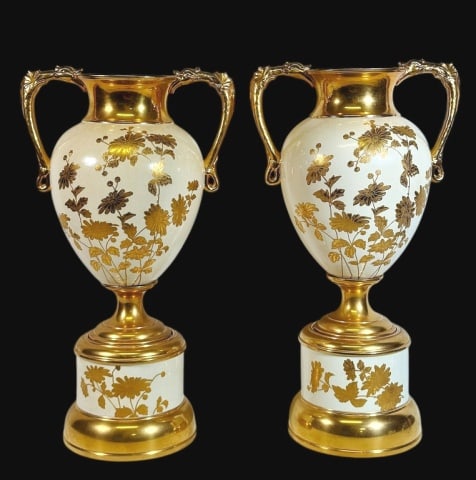 Antique English Decorated Porcelain Vases (2pc): Two Antique English Porcelain Two-piece Vases. Neoclassical style with foliate gilt decoration, footed with separate plinths. Interior bases marked "ENGLAND". Good condition with light wear. Measures: