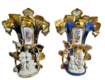 French Hand Painted Porcelain Rococo Vases (2pc)