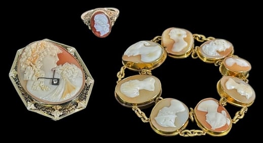 Antique 10K-14K Gold Italian Cameo Jewelry (3pc)