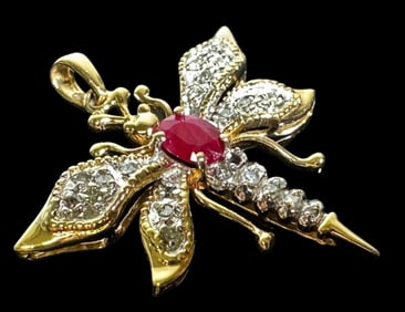 10K Gold Diamond and Ruby Dragonfly Pendant
