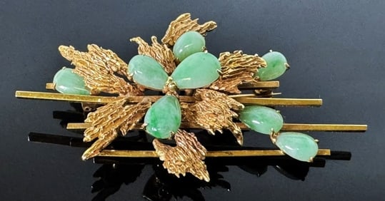 Modernist Style 14K Gold and Jade Pin