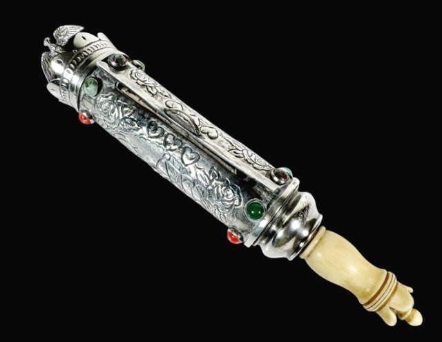 Antique Repousse Silver Megillah Scroll: Antique Repousse Silver Yemenite Megillah Scroll. Silver repousse case adorned with twelve carnelian and turquoise cabochon stones representing the Twelve Tribes of Israel. Case with profuse repousse