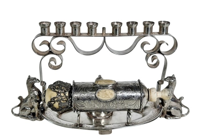 Antique Sterling Menorah, Megillah Set: Antique Sterling Silver Menorah and Megillah Set. Embossed silver Megillah case with silver pull tab, with bone topped dome and bone turn handle. Original Hebrew Klaf, scroll. Engraved tray flanked by