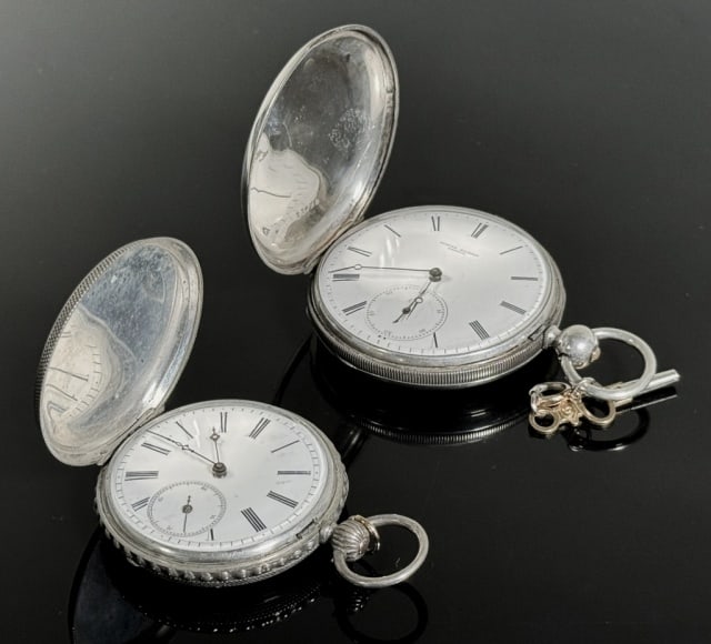Antique Swiss Pocket Watches (2pc): Two Antique Swiss Pocket Watches, Fully Jeweled, 1 Signed "Joseph Gilbert": (1) Joseph Gilbert of Geneva Pocket Watch, Full Jeweled, Hands No 11021, key wind, hunter silveroid case, comes with key, (1
