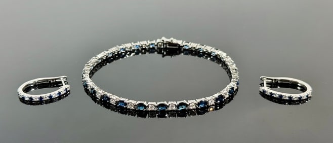 14K Gold Diamond, Sapphire Bracelet, Earrings (3pc)