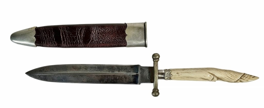 19th C. English Bowie Knife, Mappin & Webb: 19th C. English Bowie Knife, Signed "MAPPIN & WEBB SHEFFIELD". Forged steel spear point blade with ricasso, nickel guard and silver ferrule with hallmarks for Sheffield and 1898 date letter. Figural c