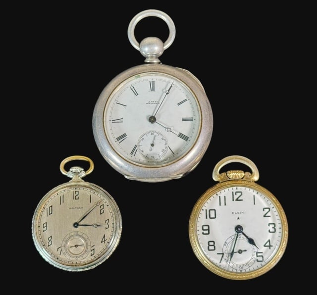 Antique Pocket Watches, Waltham, Elgin (3pc): Three Antique Pocket Watches, 11-17J, Signed "Elgin", "Waltham": (1) 1884-1885 Waltham Model 1877, grade Wm. Ellery, 11 Jewel gilt movement, key wind, open face coin silver case, 18s, (1) 1924 Waltham