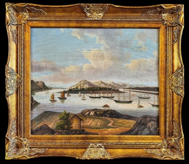 19th C Oil on Canvas China Trade Painting, Whampoa (1 of 3)