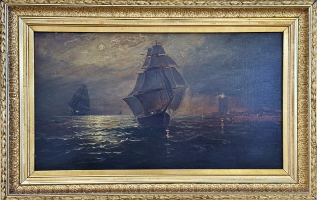 Antique Oil on Board Painting, Ships at Sea (1 of 3)
